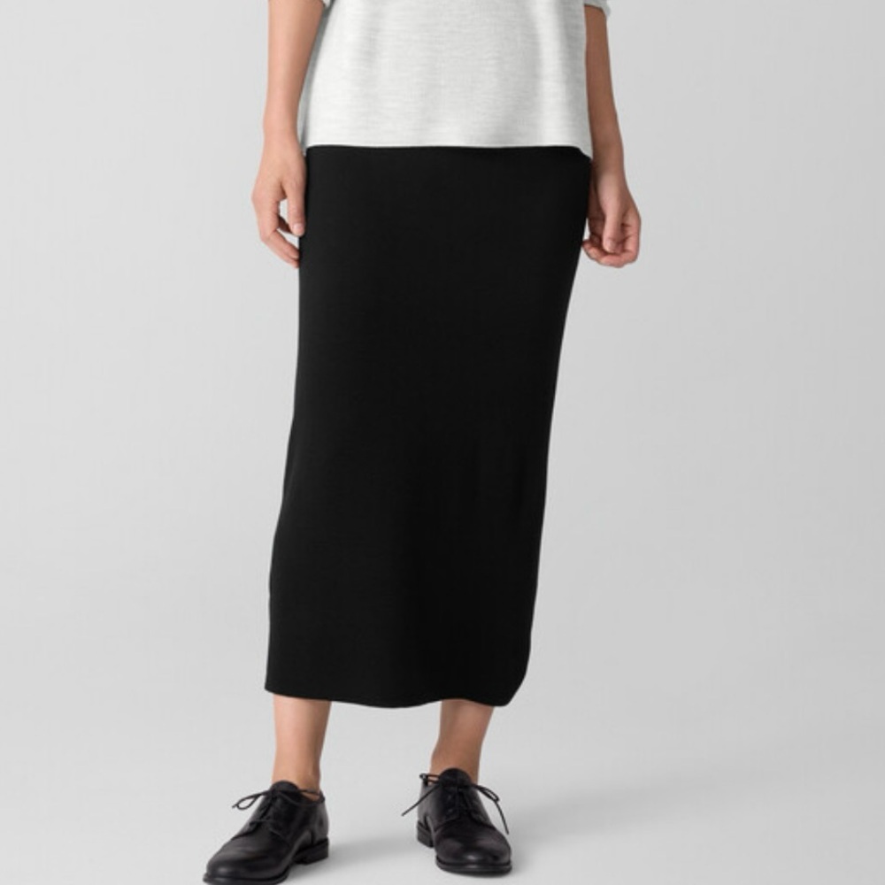 Eileen Fisher Wool Sweater Knit Pencil Midi Skirt Pull On Stretch Black Size L
